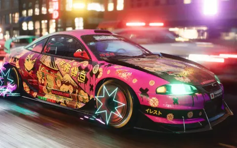 Różowy sportowy samochód z anime grafiką i neonowymi felgami, gotowy na nocne wyścigi, kiedy nowy Need for Speed.