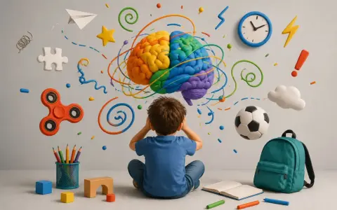 Chłopiec zamyka uszy, gdy kolorowy mózg wiruje nad nim. Czy dysleksja jest dziedziczna? Zabawki, zegar, piłka i plecak sugerują szkolne życie.