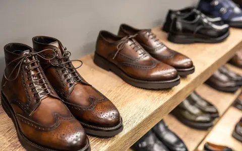 Scarpe marchigiane famose: eleganti stivaletti e stringate in cuoio marrone, con dettagli traforati, su uno scaffale di legno.