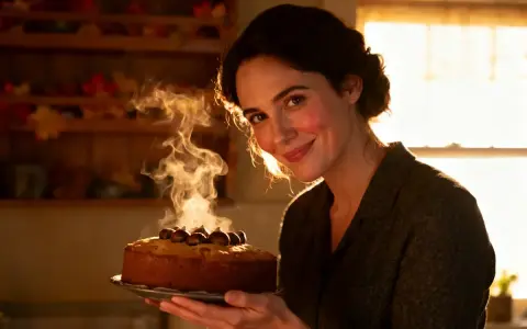 Une femme souriante présente un gâteau moelleux chataigne fumant, décoré de marrons.