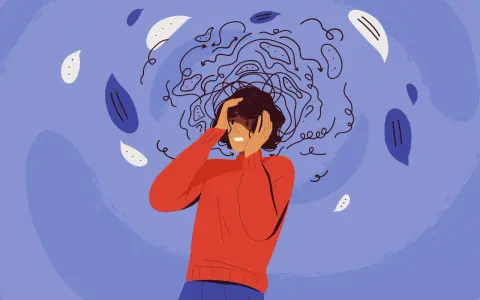 Una persona con le mani tra i capelli, circondata da pensieri caotici, simboleggia l'insoddisfazione lavorativa e la depressione.