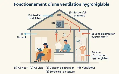 Schéma du fonctionnement d'une ventilation hygroréglable : air neuf entrant, air vicié extrait par bouches hygroréglables, ventilateur et sortie en toiture.