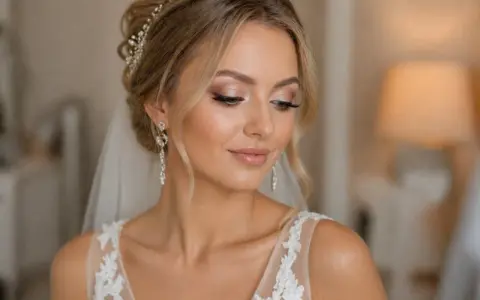 Delikatny makijaż na wesele dla 40-latki. Rozświetlona cera, subtelne cienie na powiekach i błyszczące usta podkreślają naturalne piękno.