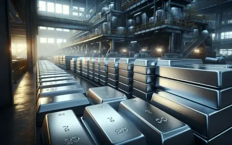 Lingotti lucidi, esempi di leghe metalliche, impilati in una fonderia industriale illuminata dalla luce del sole.