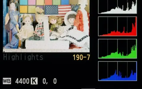 Histogram co to? Wykresy RGB pokazują rozkład jasności na zdjęciu z lalkami i flagą USA.