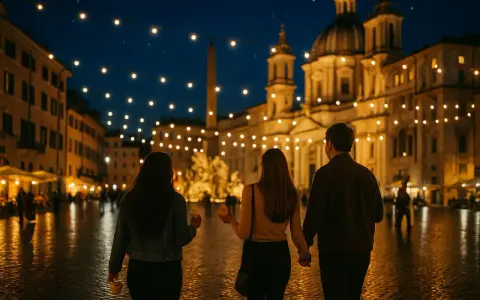 Passeggiata serale a Roma, con luci soffuse che illuminano la piazza e un cielo stellato. Tre amici gustano un gelato mentre ammirano la bellezza della città eterna.