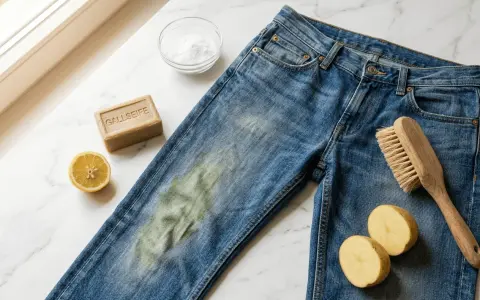 Blaue Jeans mit Grasflecken, Gallseife, Zitrone, Natron und Bürste zum Grasflecken entfernen.