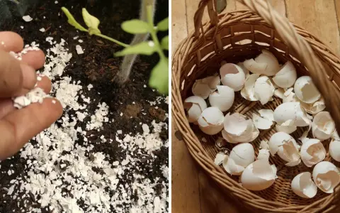 Rozdrobnione skorupki jajek jako naturalny nawóz pod młode rośliny. W koszyku pełnym skorupek.