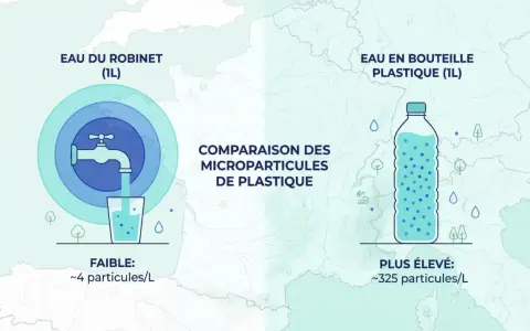 Comparaison : eau du robinet (4 ppm) vs eau en bouteille (325 ppm). L'eau du robinet est bien moins contaminée par les microplastiques.