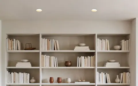 Éclairage discret d'un faux plafond avec spots encastrés, illuminant des étagères remplies de livres et d'objets décoratifs.