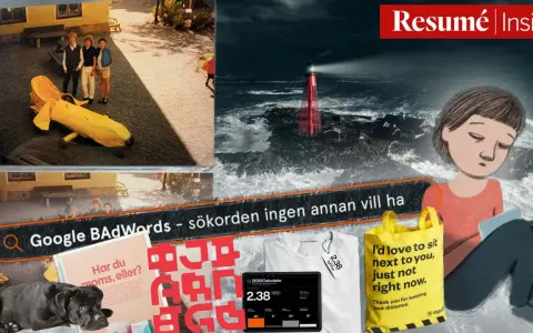 En person sitter uttråkad på jobbet, omgiven av bilder på en bananbil, ett fyrhus i storm, en hund och en text om att hålla avstånd.
