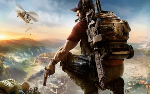 Żołnierz z Tom Clancy's Ghost Recon obserwuje teren z pistoletem w dłoni. W tle helikopter i spadochroniarze.