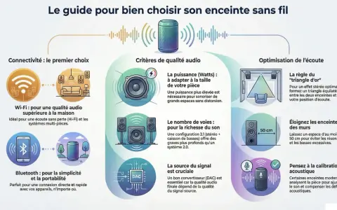 Guide pour bien choisir une enceinte : connectivité, qualité audio (puissance, voies, source), optimisation (triangle d'or, distance des murs, calibration).