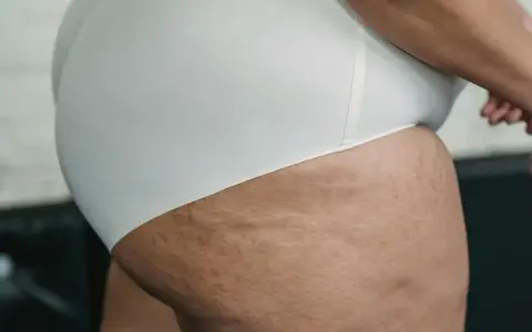 Zbliżenie na grube uda z widocznymi rozstępami, podkreślające naturalne piękno ciała.