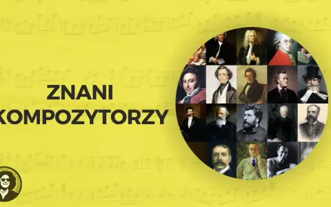 Kolaż portretów najsłynniejszych kompozytorów, od Bacha po współczesnych, na tle nut.