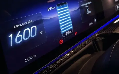 Wyświetlacz samochodu elektrycznego z zasięgiem 1600 km i naładowaną baterią 99%.