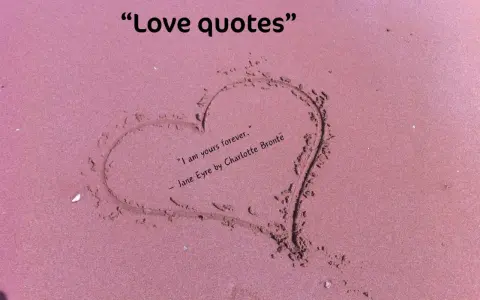 Cuore disegnato sulla sabbia con una citazione d'amore per lei: "I am yours forever." - Jane Eyre.