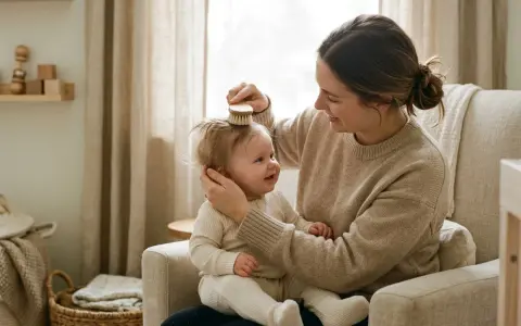 Mamma borstar försiktigt sin bebis som tappar lite hår. En mysig stund i fåtöljen.