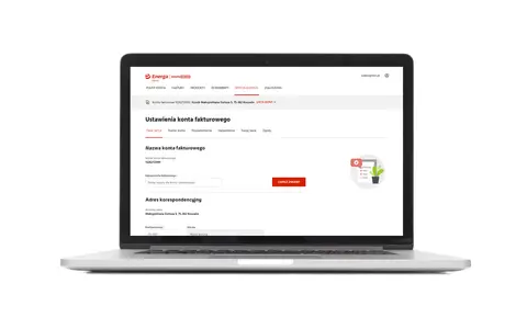 Laptop z otwartym interfejsem ustawień konta fakturowego Energa, widoczne pola do edycji nazwy i adresu.