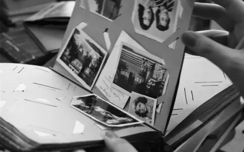 Odkryj, jak zrobić fotoksiążkę, przeglądając stare zdjęcia w albumie. Ręka trzyma kartę z portretami i krajobrazami.