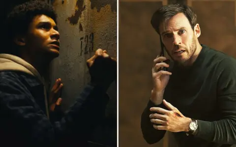 Två män i dramatiska scener från Harlan Coben serier. En ung man trycker sig mot en vägg, en annan man pratar i telefon med ett sår på handen.