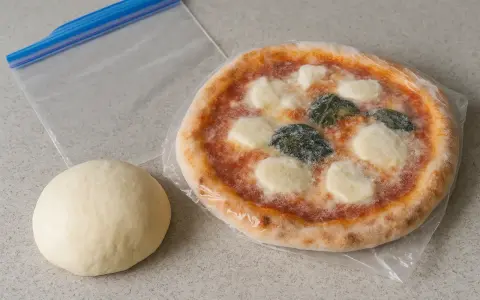 Impasto per pizza e pizza pronta, con sacchetto per conservare le foto.
