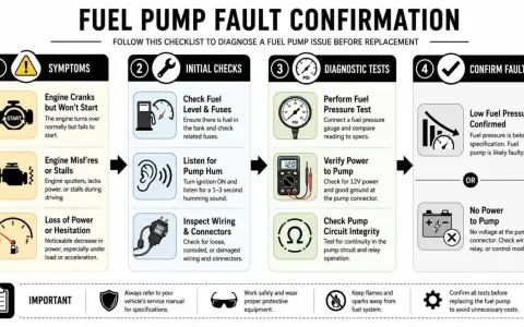 Checklist zur Diagnose eines Kraftstoffpumpenproblems. Prüfe Symptome, Kraftstoffstand, Sicherungen, Geräusche, Verkabelung, Druck und Strom, bevor du die Kraftstoffpumpe wechseln lässt.