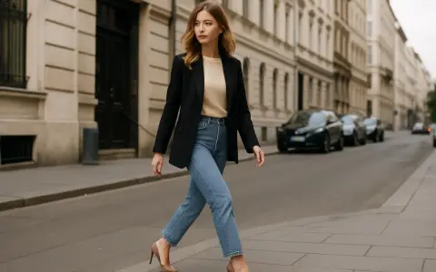 Elegancka kobieta w jasnych jeansach i czarnym blazerze, na nogach beżowe szpilki, idzie ulicą miasta.