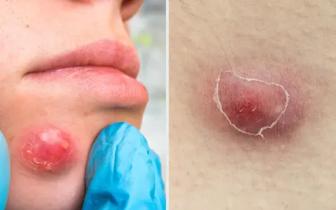 Gros bouton douloureux sur la joue, rouge et enflammé, prêt à percer. Gros plan sur une lésion cutanée similaire.