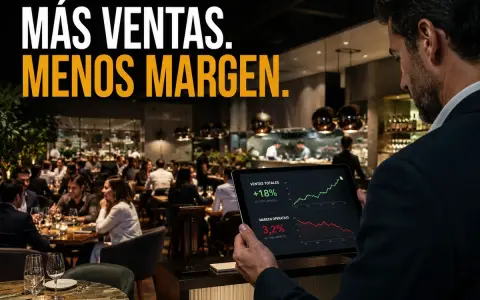 Hombre revisa tablet con gráficos de ventas y margen operativo en un restaurante lleno, buscando mejorar la rentabilidad del restaurante.
