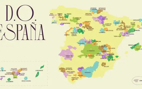 Mapa de España con las distintas denominaciones de origen de vino.