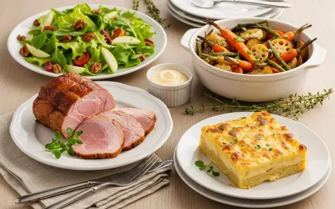 Un rôti de porc froid tranché, servi avec une salade verte croquante, des légumes rôtis, un gratin et une sauce crémeuse. Parfait pour un repas d'été.