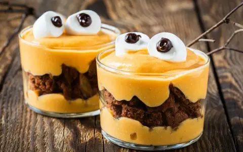 Przepis na Halloween: deser z mascarpone i ciastkiem czekoladowym, ozdobiony piankami jak oczy potwora.