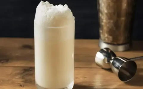 Ein cremiger Ramos Gin Fizz mit üppigem Schaum. Daneben ein Jigger und ein Shaker, bereit für den nächsten Drink.