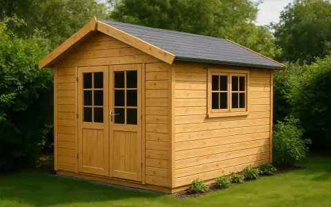 Ein neues Gartenhaus mit Holzdach und Fenster. Die Verkleidung des Gartenhauses ist aus hellem Holz.