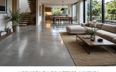 Amplio salón moderno con suelo de hormigón pulido, sofá modular, mesa de centro de madera y escaleras flotantes.