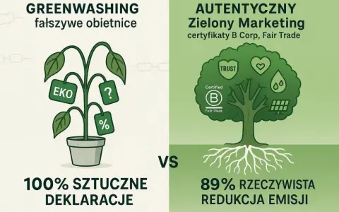 Zielony marketing: z lewej sztuczne deklaracje, z prawej autentyczny, z certyfikatami B Corp i Fair Trade, co oznacza prawdziwą redukcję emisji.