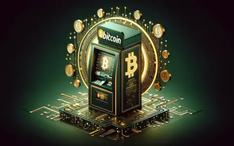 Bitomat, jak działa? Złote monety Bitcoin i obwody drukowane otaczają futurystyczny bankomat.