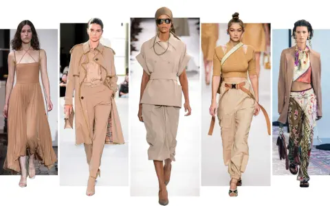 Modelos lucen atuendos en tonos beige, mostrando cómo combinar camisa beige mujer con faldas, pantalones cargo y trajes elegantes.
