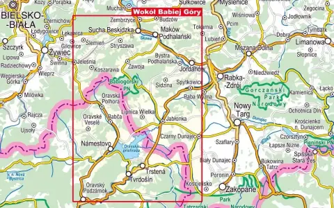Mapa turystyczna z zaznaczonym obszarem wokół Babiej Góry, obejmującym Beskid Żywiecki, Gorce i Tatry.