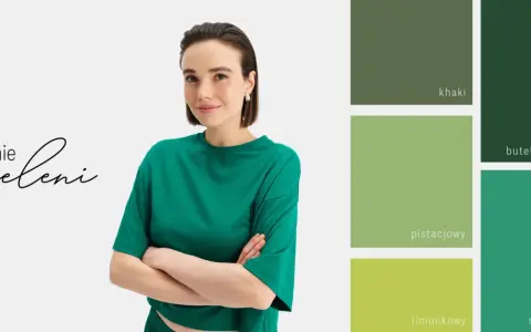 Kobieta w zielonej bluzce obok palety odcieni zieleni: khaki, pistacjowy, limonkowy, butelkowa zieleń, szmaragdowy. Jaki kolor pasuje do zielonego?