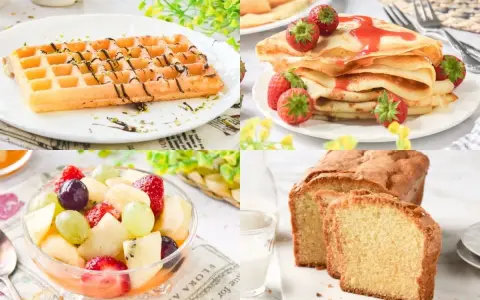 Desayuno con postres sin gluten: gofres, crepes con fresas, ensalada de frutas y bizcocho.