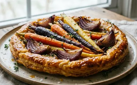 Tarte rustique aux carottes multicolores, oignons rouges rôtis et touche de moutarde, garnie de thym frais.