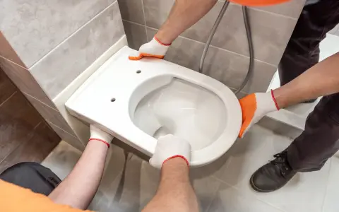 Mains gantées installent un WC suspendu. L'opération est délicate, mais le résultat sera moderne et pratique.