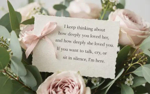 Bukiet róż i eukaliptusa z kartką wyrażającą kondolencje po angielsku: "I keep thinking about how deeply you loved her, and how deeply she loved you. If you want to talk, cry, or sit in silence, I'm here.