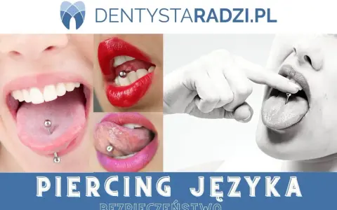 Kolczyk w języku: zbliżenia na usta i języki z widocznym kolczykiem. Informacja o bezpieczeństwie piercingu.