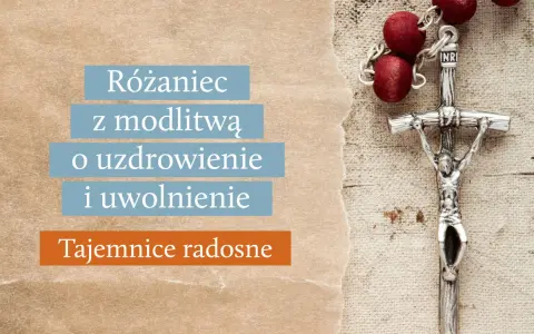 Różaniec z czerwonymi paciorkami i srebrnym krzyżem, z tekstem "Różaniec z modlitwą o uzdrowienie i uwolnienie. Tajemnice radosne".