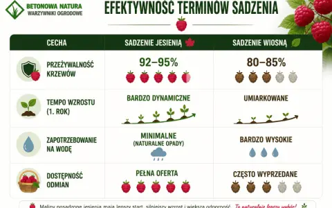 Kiedy sadzić maliny? Jesienią mają lepszą przeżywalność (92-95%), dynamiczny wzrost i pełną ofertę odmian. Wiosną jest umiarkowanie.