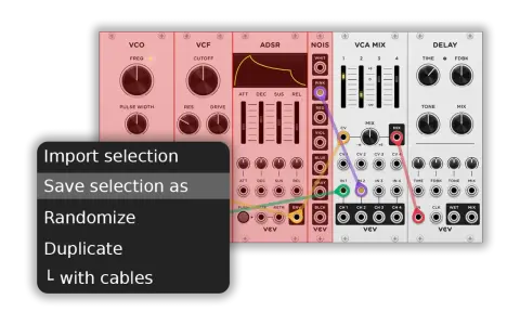Menu z opcjami dla vcv rack 2: "Import selection", "Save selection as", "Randomize", "Duplicate", "L with cables".