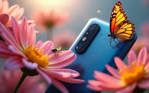 Niesamowite zdjecia makro: motyl i owad na kwiatach obok telefonu.